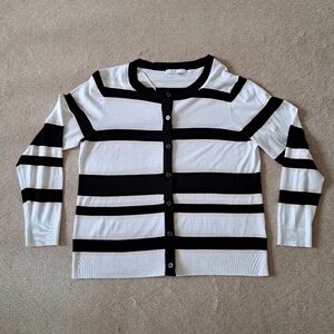 Cleo Cardigan Button Front Striped Sweater Women's Large Black White Cream